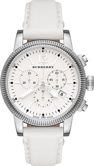 Burberry Utilitarian Chronograph White Dial White Leather Strap Watch for Women - BU7821 Authentic Buy Shop Now