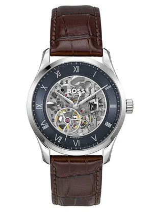 Hugo Boss Principle Skeleton Blue Dial Brown Leather Strap Watch for Men - 1514305 Authentic Buy Shop Now