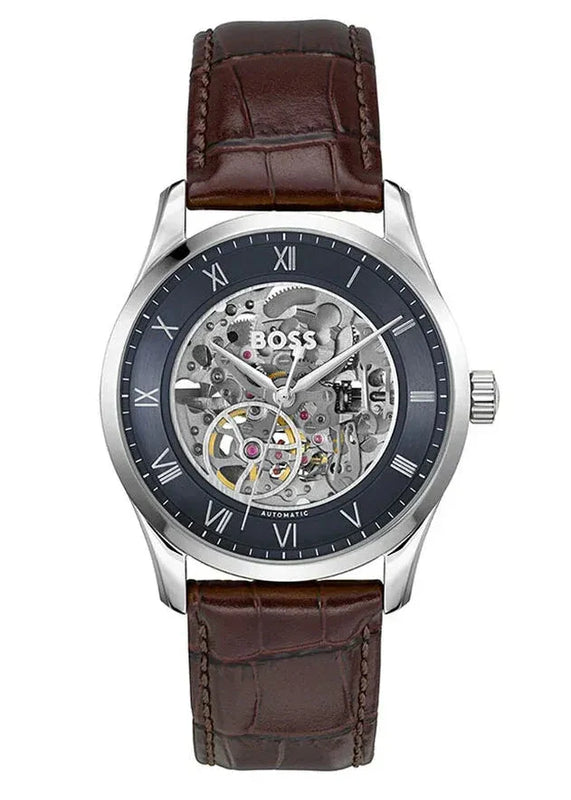 Hugo Boss Principle Skeleton Blue Dial Brown Leather Strap Watch for Men - 1514305 Authentic Buy Shop Now