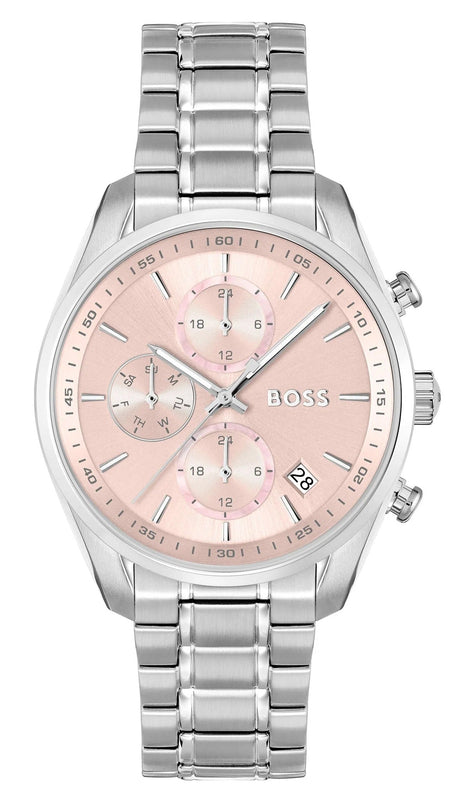 Hugo Boss Grand Tour Chronograph Pink Mother of Pearl Dial Silver Steel Strap Watch for Women - 1502765 Authentic Buy Shop Now