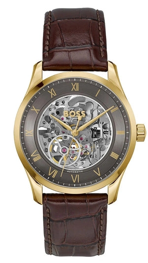 Hugo Boss Principle Skeleton Grey Dial Brown Leather Strap Watch for Men - 1514235 Authentic Buy Shop Now