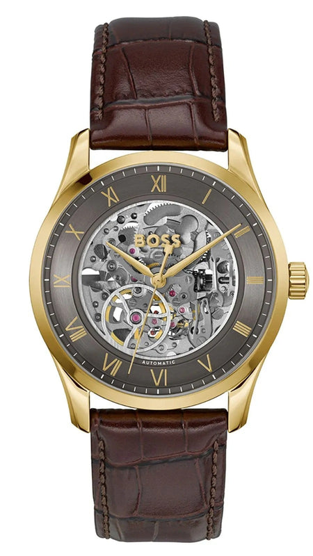Hugo Boss Principle Skeleton Grey Dial Brown Leather Strap Watch for Men - 1514235 Authentic Buy Shop Now