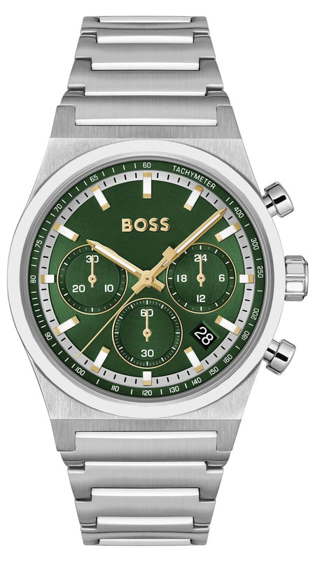 Hugo Boss Candor Chronograph Green Dial Silver Steel Strap Watch for Men - 1514220 Authentic Buy Shop Now