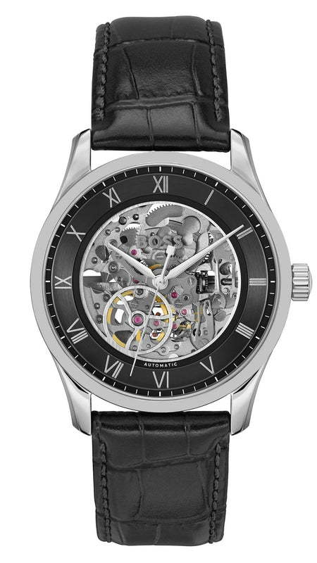 Hugo Boss Principle Skeleton Black Dial Black Leather Strap Watch for Men - 1514234 Authentic Buy Shop Now