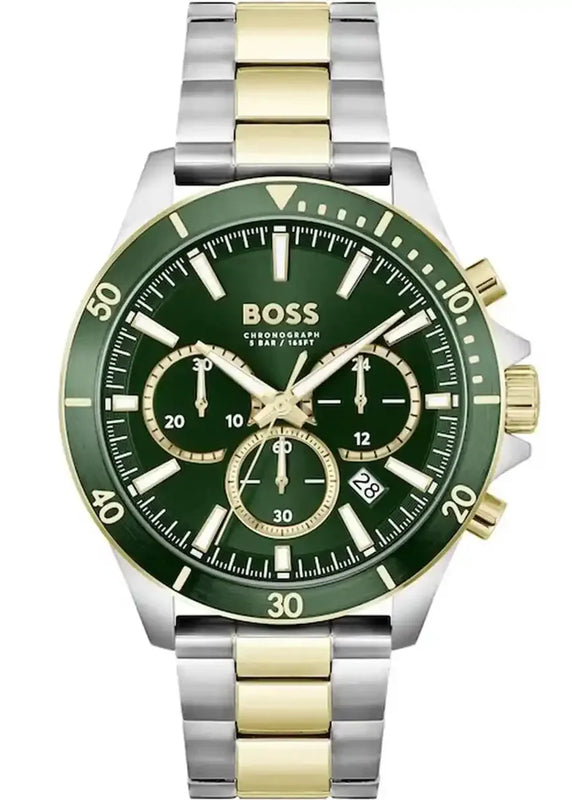 Hugo Boss Troper Chronograph Green Dial Two Tone Steel Strap Watch for Men - 1514154 Authentic Buy Shop Now