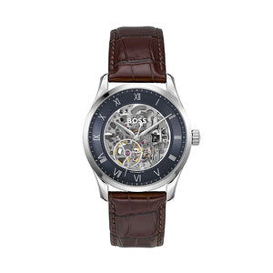 Hugo Boss Principle Skeleton Blue Dial Brown Leather Strap Watch for Men - 1514305 Authentic Buy Shop Now