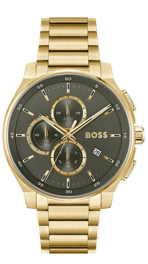 Hugo Boss Peak Chronograph Olive Green Dial Gold Steel Strap Watch for Men - 1514190 Authentic Buy Shop Now