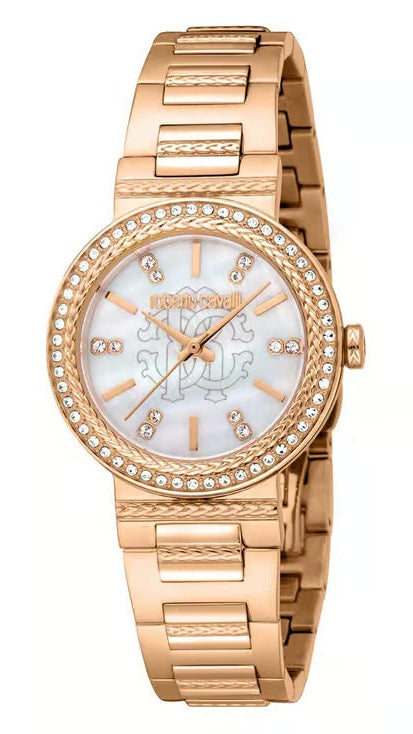 Just Cavalli Donna Glam Mother of Pearl White Dial Rose Gold Steel Strap Watch for Women - RC5L098M0045