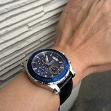 Guess Pinnacle Chronograph Quartz Blue Dial Black Leather Strap Watch For Men - W0673G4 Buy Now By Guess