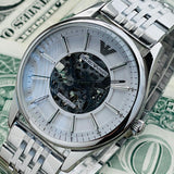 Emporio Armani Meccanico Skeleton Silver Dial Silver Steel Strap Watch For Men - AR1945 Buy Now By Emporio Armani