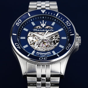 Maserati SFIDA Automatic Skeleton Blue Dial Silver Steel Strap Watch For Men - R882314001 Buy Now By Maserati