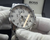 Hugo Boss Aeroliner Chronograph White Dial Silver Steel Strap Watch For Men - 1512445 Buy Now By Hugo Boss