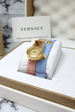 Versace Medusa Lock Icon Quartz Gold Dial Pink & Blue Leather Strap Watch For Women - VEDW00219 Buy Now By Versace