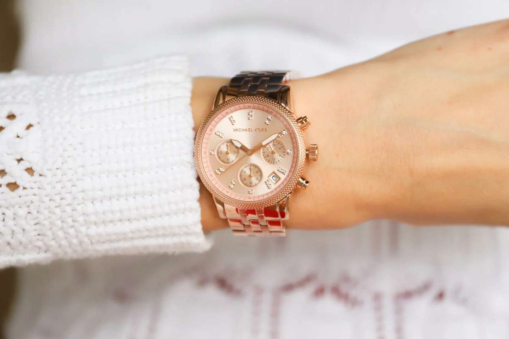 Michael Kors Ritz Chronograph Rose Gold Dial Rose Gold Steel Strap Watch for Women - MK6077 Buy Now By Michael Kors