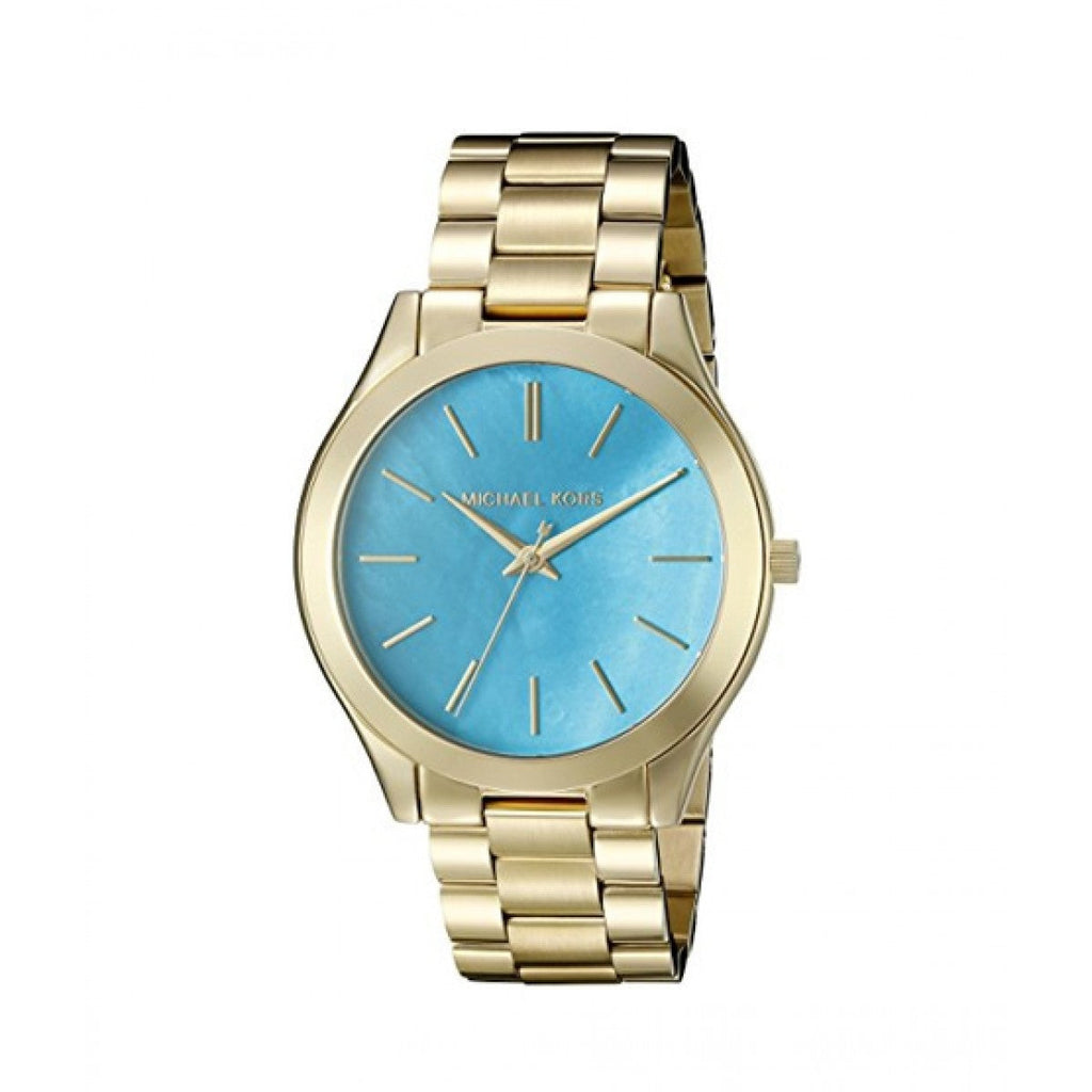 Michael Kors Slim Runway Blue Mother of Pearl Dial Gold Steel Strap Watch for Women - MK3492 Buy Now By Michael Kors