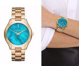 Michael Kors Slim Runway Blue Mother of Pearl Dial Gold Steel Strap Watch for Women - MK3492 Buy Now By Michael Kors