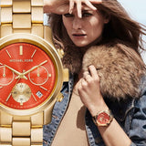 Michael Kors Runway Chronograph Orange Dial Gold Steep Strap Watch For Women - MK6162 Buy Now By Michael Kors
