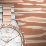 Michael Kors Layton Three Hand Mother of Pearl White Dial Two Tone Steel Strap Watch For Women - MK6849 Buy Now By Michael Kors