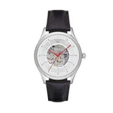 Emporio Armani Meccanico Silver Skeleton Dial Black Leather Strap Watch For Men - AR2072 Buy Now By Emporio Armani