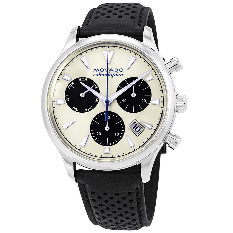 Movado Heritage Calendoplan Chronograph Silver Dial Black Leather Strap Watch for Men - 3650024 Buy Now By Movado