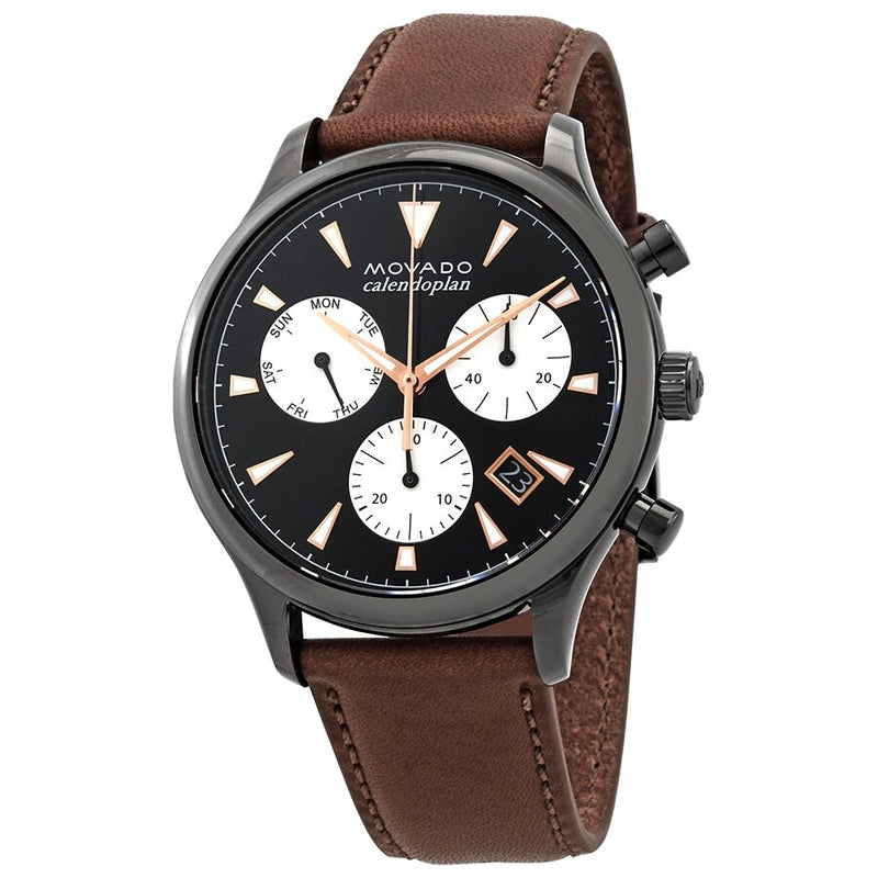 Movado Heritage Calendoplan Chronograph Black Dial Brown Leather Strap Watch for Men - 3650022 Buy Now By Movado