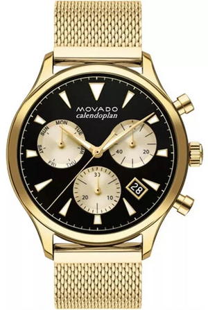 Movado Heritage Calendoplan Chronograph Black Dial Gold Mesh Strap Watch for Men - 3650098 Buy Now By Movado