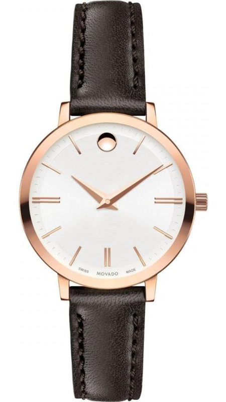 Movado Ultra Slim White Dial Brown Leather Strap Watch For Women - 0607096 Buy Now By Movado