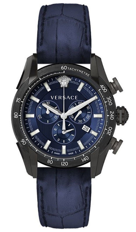 Versace V-Ray Chronograph Quartz Blue Dial Black Leather Strap Watch For Men - VEDB00418 Buy Now By Versace