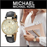 Michael Kors Sawyer Champagne Dial Black Leather Strap Watch for Women - MK2433 Buy Now By Michael Kors