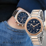 Maserati Stile Chronograph Blue Dial Rose Gold Two Tone Strap Watch For Men - R8873642002 Buy Now By Maserati