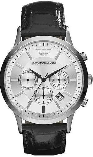 Emporio Armani Renato Chronograph Silver Dial Black Leather Strap Watch for Men - AR2436 Authentic Buy Shop Now
