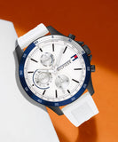 Tommy Hilfiger Bank Chronograph White Dial White Rubber Strap Watch for Men - 1791723 Buy Now By Tommy Hilfiger