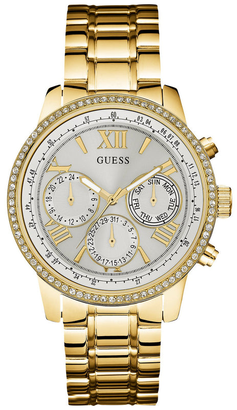 Guess Multi-function Diamonds White Dial Gold Steel Strap Watch for Women - W0559L2 Buy Now By Guess