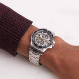 Fossil FB-01 Automatic Skeleton Black Dial Silver Steel Strap Watch for Men - ME3190 Buy Now By Fossil