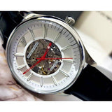 Emporio Armani Meccanico Silver Skeleton Dial Black Leather Strap Watch For Men - AR2072 Buy Now By Emporio Armani