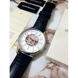 Emporio Armani Meccanico Silver Skeleton Dial Black Leather Strap Watch For Men - AR2072 Buy Now By Emporio Armani