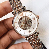 Emporio Armani Gianni T Bar Silver Skeleton Dial Two Tone Strap Watch For Women - AR1992 Buy Now By Emporio Armani