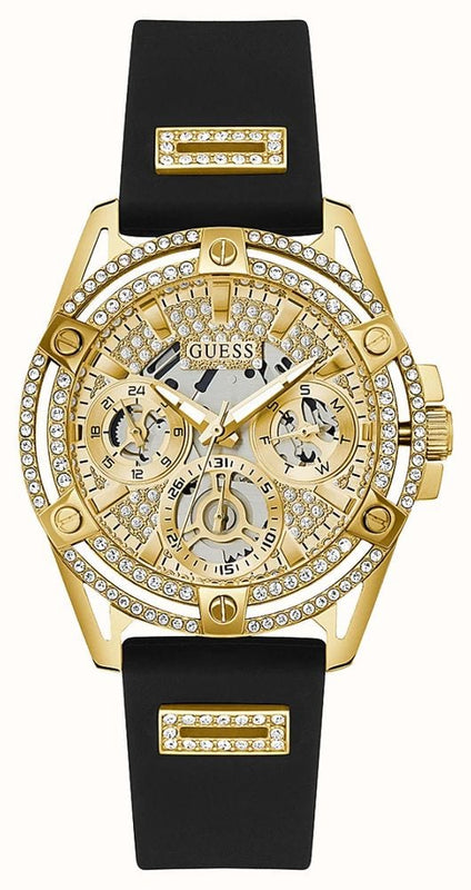 Guess Queen Quartz Gold Dial Black Silicone Strap Watch For Women - GW0536L3 Buy Now By Guess