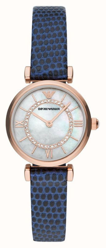 Emporio Armani Gianni T-Bar Analog Mother of Pearl Dial Blue Leather Strap Watch For Women - AR11468 Buy Now By Emporio Armani
