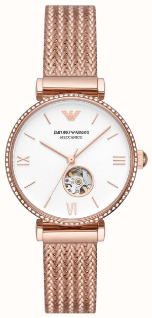 Emporio Armani Meccanico Automatic White Dial Rose Gold Mesh Strap Watch For Women - AR60063 Buy Now By Emporio Armani
