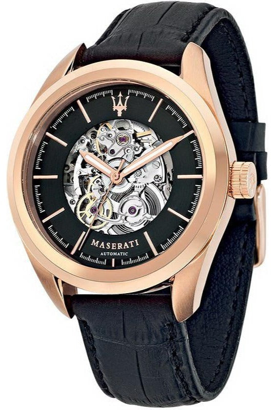 Maserati Traguardo Automatic Black Skeleton Dial Black Leather Strap Watch For Men - R8821112001 Buy Now By Maserati