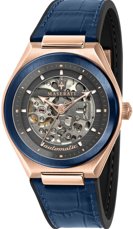 Maserati Triconic Skeleton Black Dial Blue Leather Strap Watch For Men - R8821139001 Buy Now By Maserati