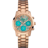 Guess Mini Sunrise Multi Function Analog Turquoise Dial Rose Gold Steel Strap Watch For Women - W0448L8 Buy Now By Guess