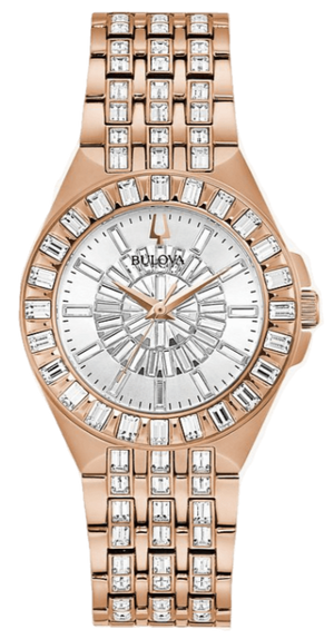 Bulova Phantom White Dial with Swarovski Baguettes Rose Gold Steel Strap Watch for Women - 98L268 Buy Now By Bulova