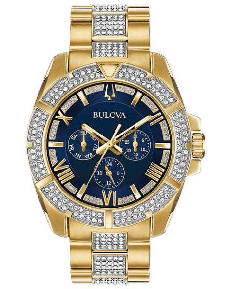 Bulova Crystal Collection Blue Dial Gold Steel Strap Watch for Men - 98C128 Buy Now By Bulova