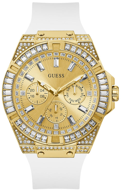Guess Baguette Crystals Gold Dial White Silicone Strap Watch For Men - GW0208G3 Buy Now By Guess