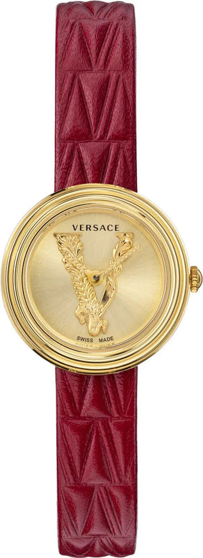 Versace Virtus Mini Quartz Gold Dial Red Leather Strap Watch For Women - VET300521 Buy Now By Versace