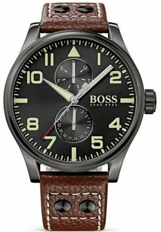 Hugo Boss Aeroliner Day Date Black Dial Brown Leather Strap Watch For Men - HB1513079 Buy Now By Hugo Boss