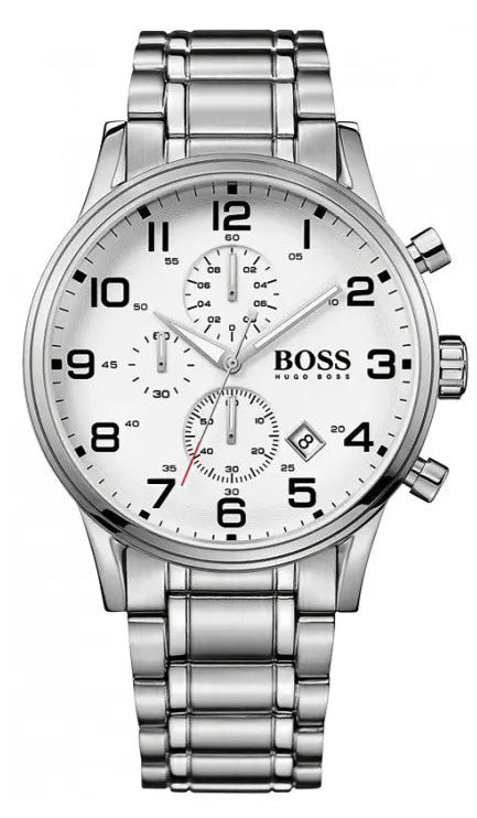 Hugo Boss Aeroliner Chronograph Quartz White Dial Silver Steel Strap Watch For Men - HB1512445 Buy Now By Hugo Boss