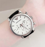 Emporio Armani Classic Quartz Chronograph White Dial Black Leather Strap Watch For Men - AR1807 Buy Now By Emporio Armani